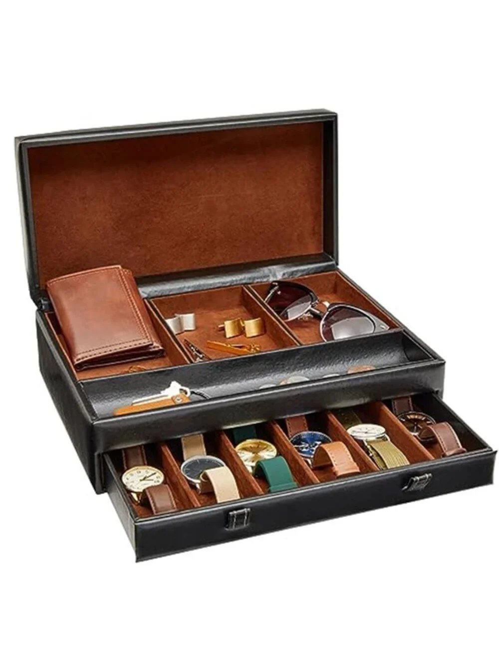 Jewelry Box Organizer and Holder - Black Watch Box with Leather Valet